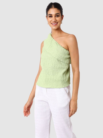 Women's Green Fit Textured Ruffled Top