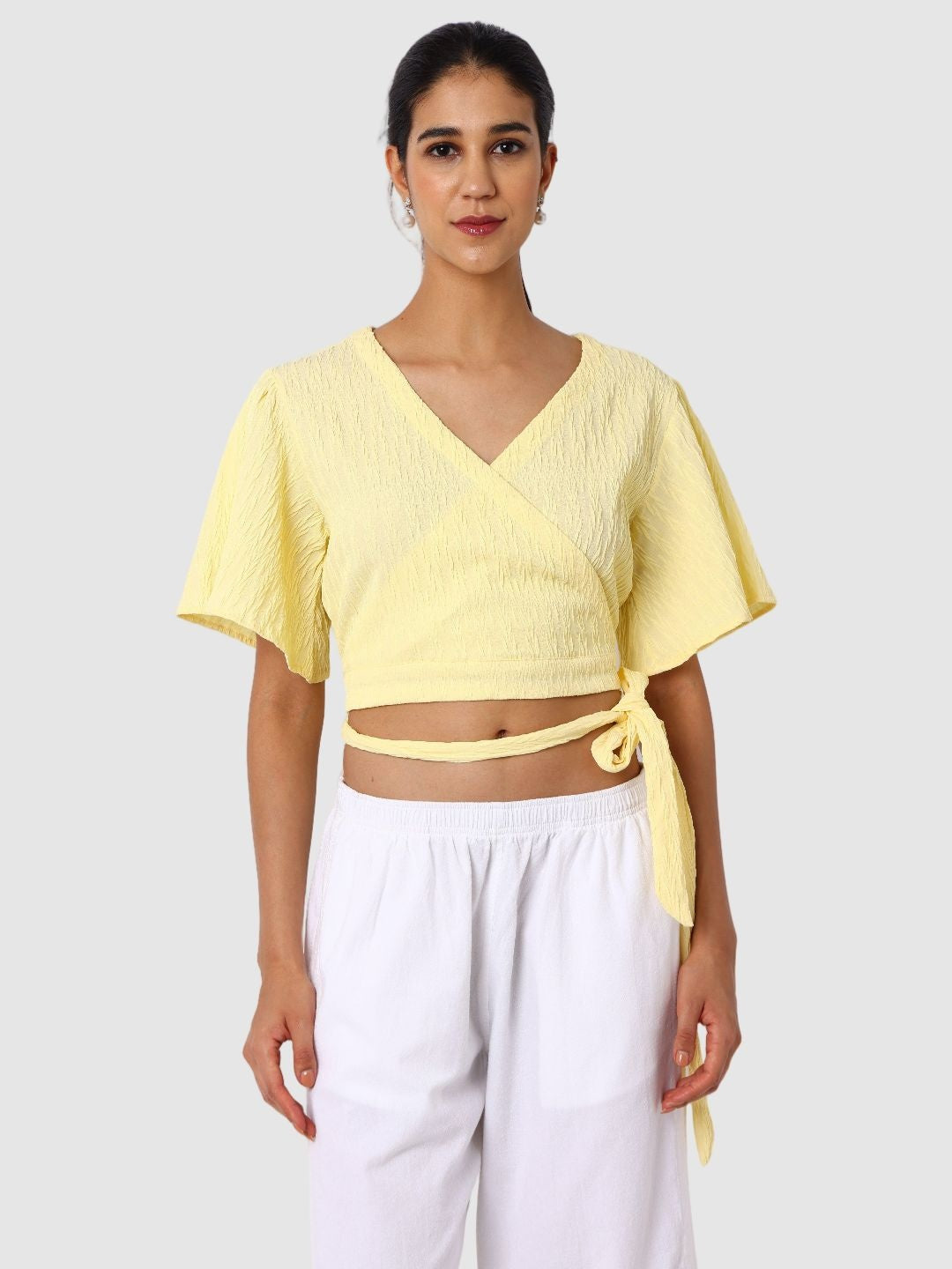 Women's Yellow Fit Textured Wrap Top