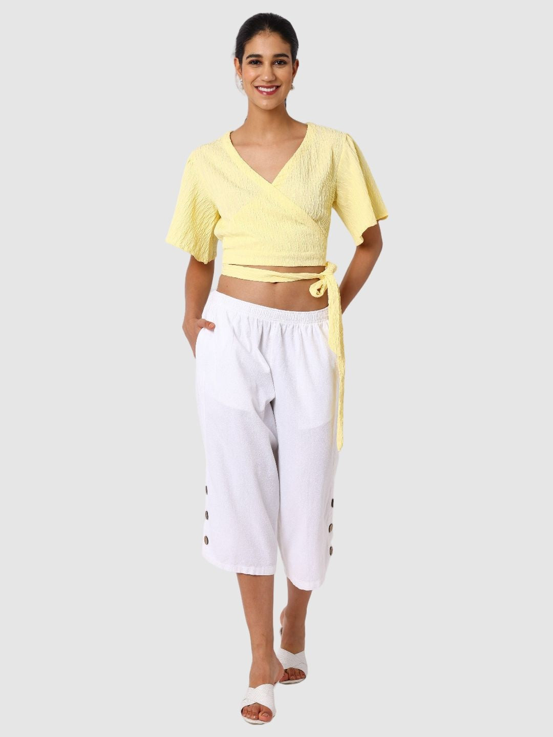 Women's Yellow Fit Textured Wrap Top