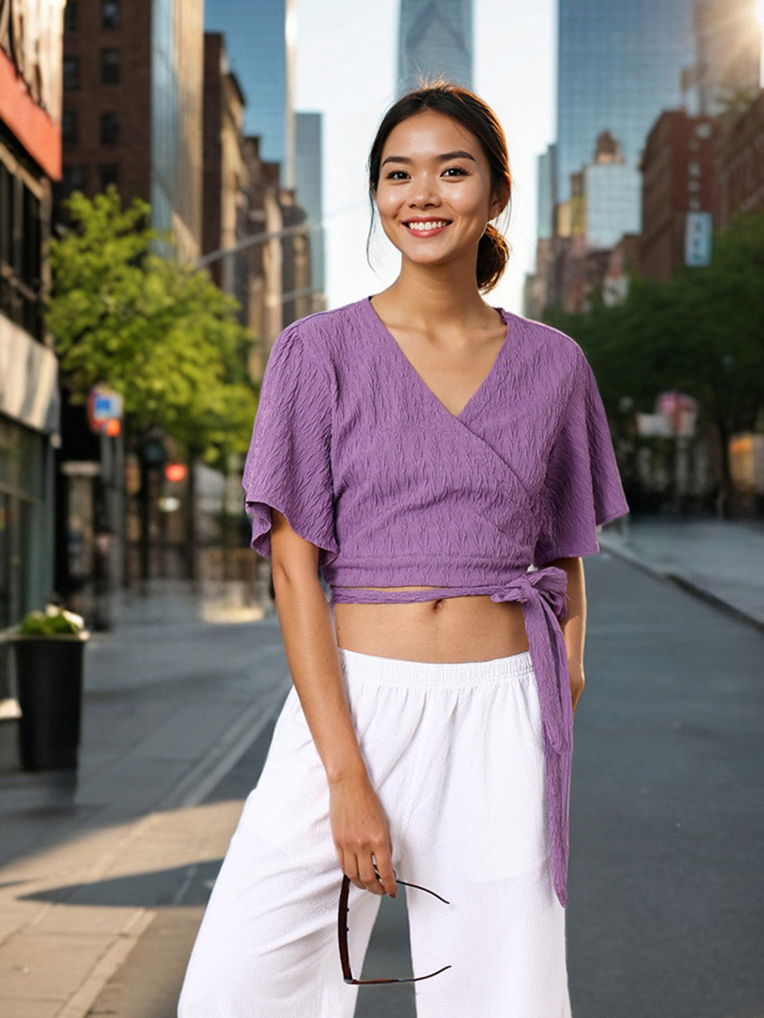 Women's Purple Fit Textured Wrap Top