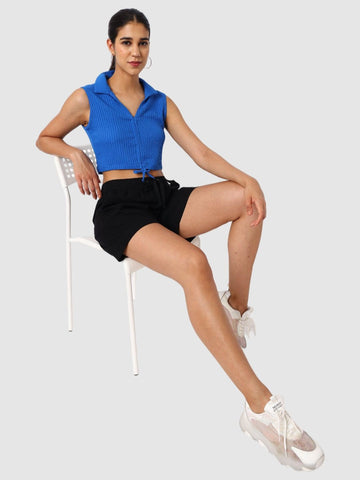 Women's Blue Textured Crop Top