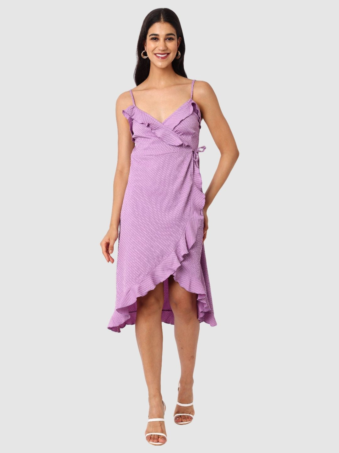Women's Purple and Flared Textured Wrap Dress