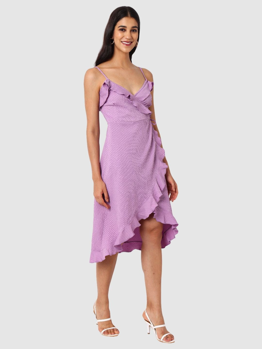 Women's Purple and Flared Textured Wrap Dress