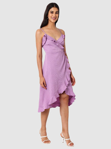 Women's Purple and Flared Textured Wrap Dress