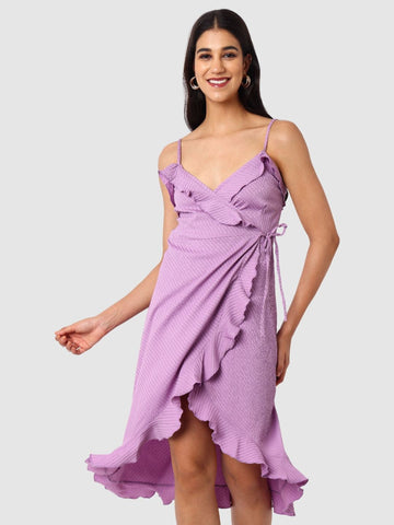 Women's Purple and Flared Textured Wrap Dress