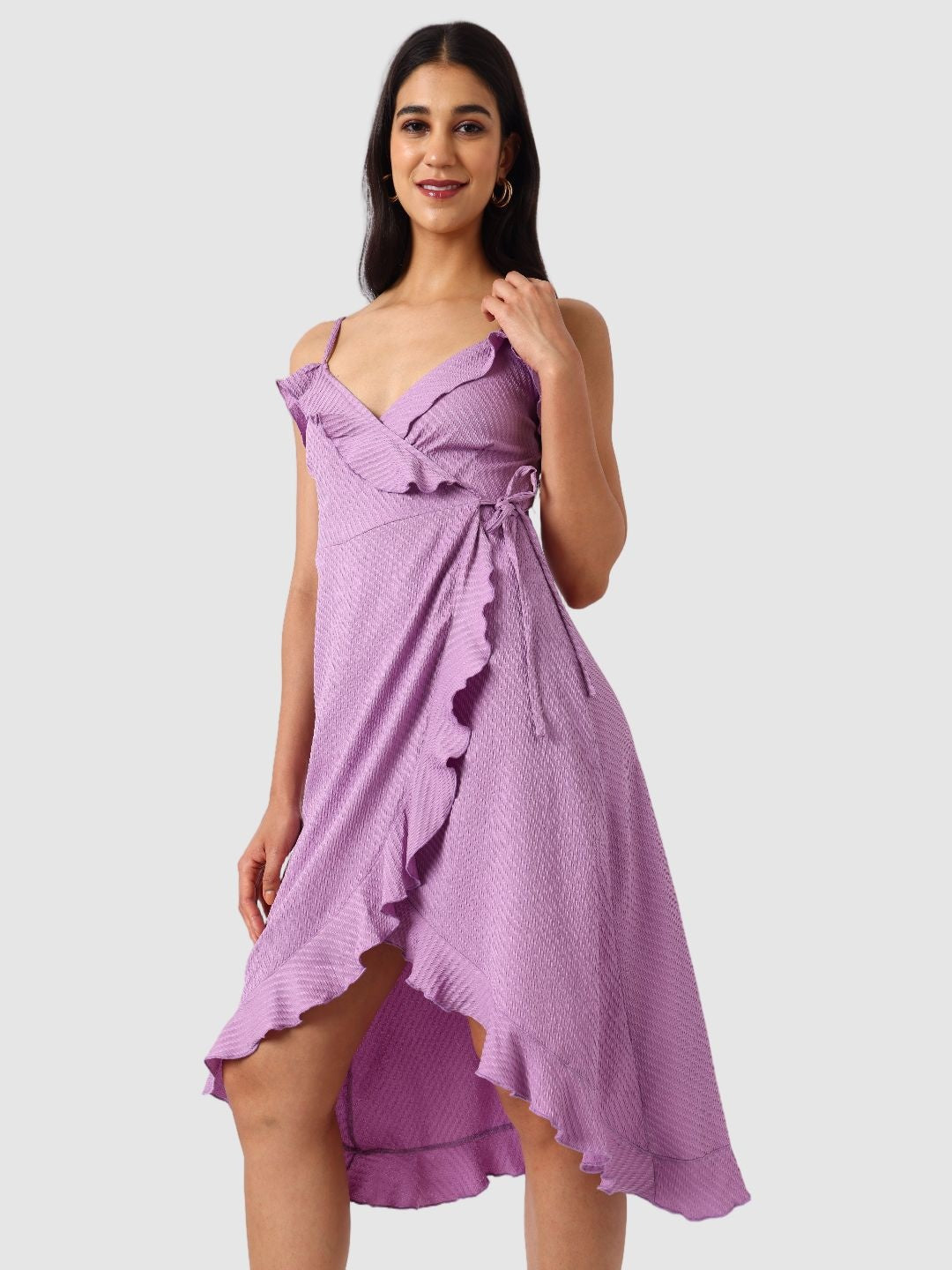 Women's Purple and Flared Textured Wrap Dress