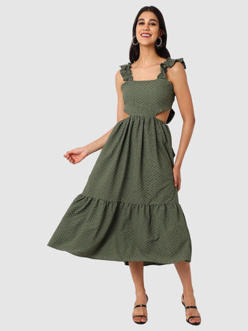 Women's Green and Flared Textured Maxi Dress