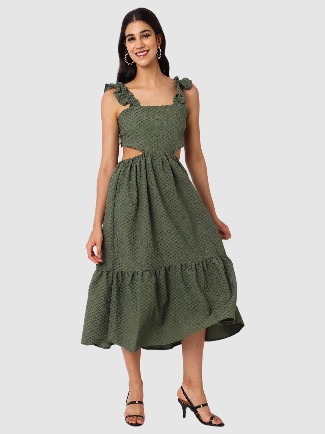 Women's Green and Flared Textured Maxi Dress