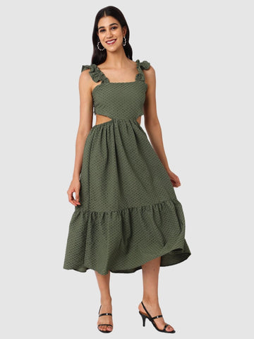 Women's Green and Flared Textured Maxi Dress