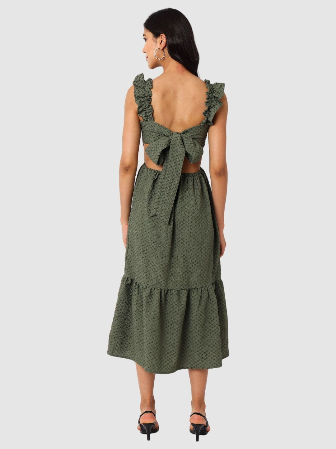Women's Green and Flared Textured Maxi Dress
