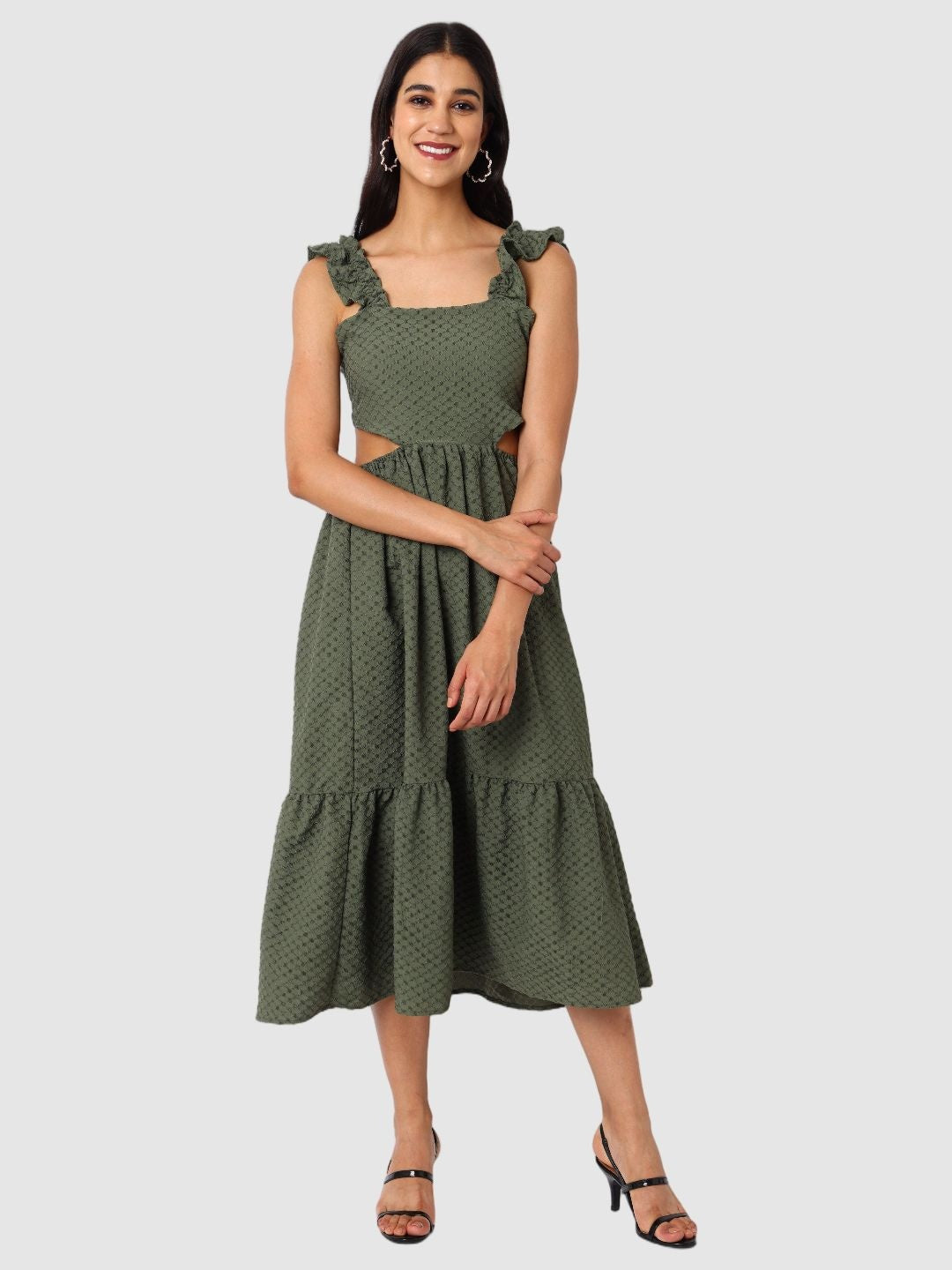 Women's Green and Flared Textured Maxi Dress