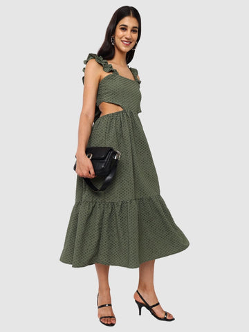 Women's Green and Flared Textured Maxi Dress
