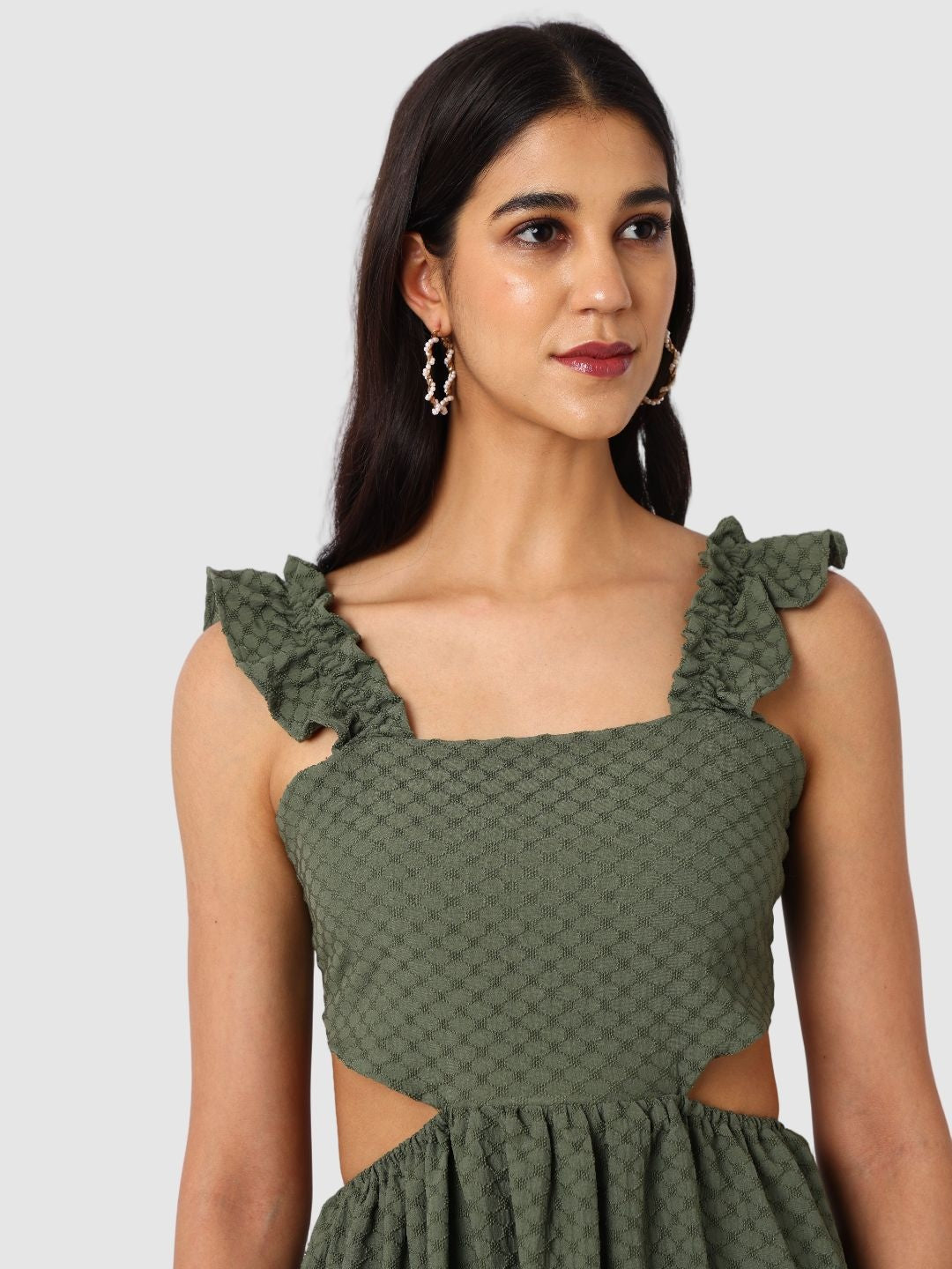 Women's Green and Flared Textured Maxi Dress