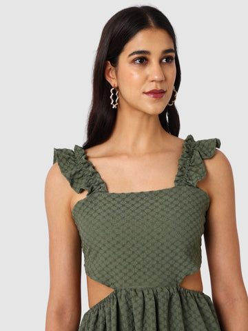 Women's Green and Flared Textured Maxi Dress