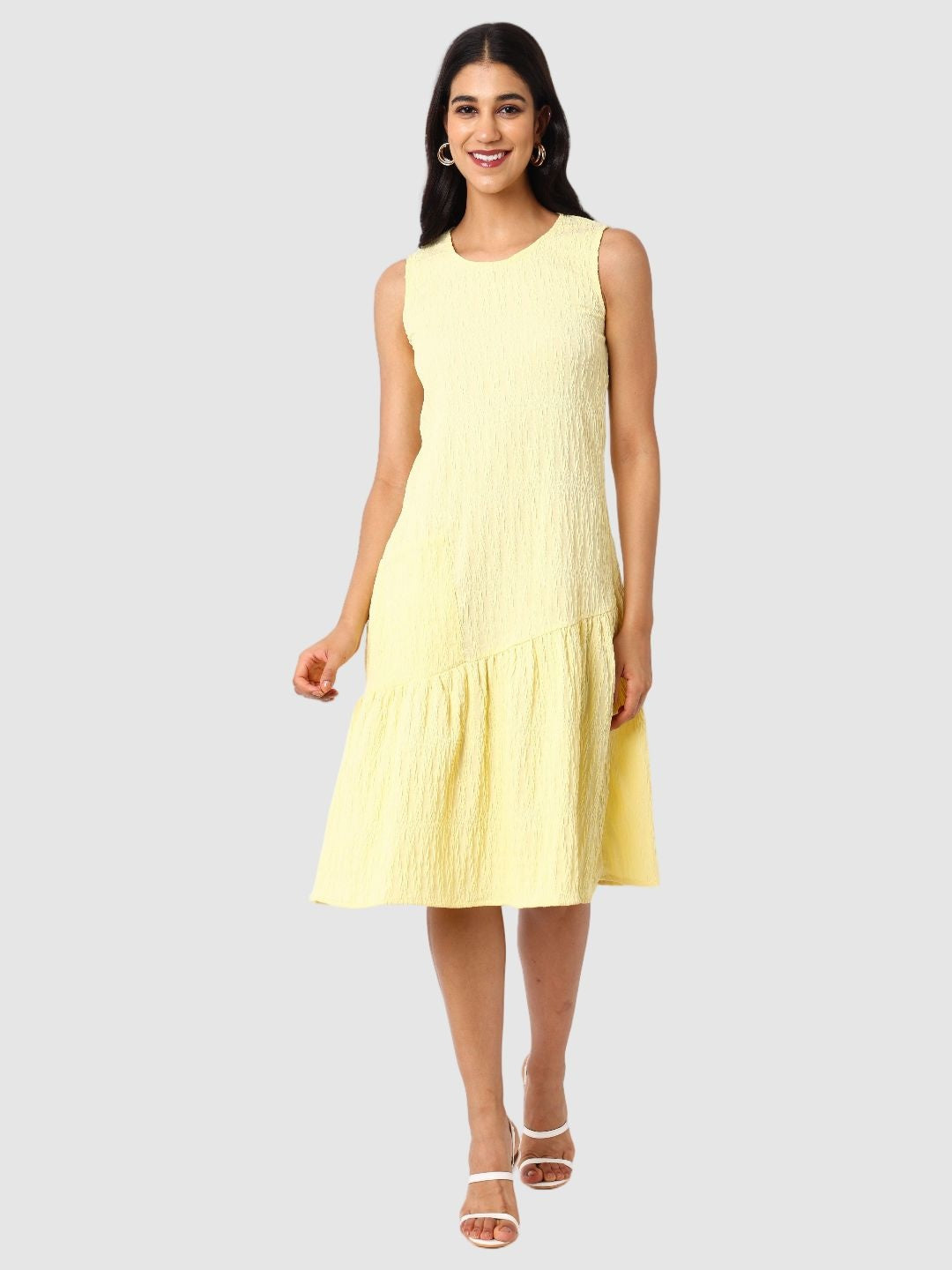 Women's Yellow Fit Textured Tiered Dress