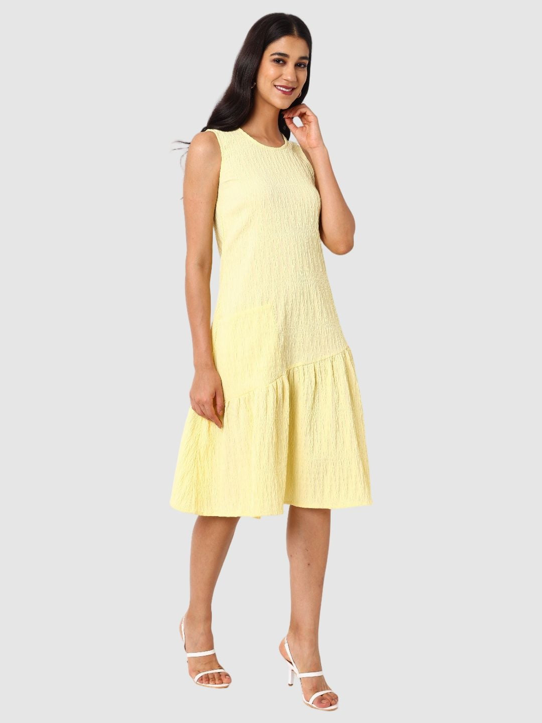 Women's Yellow Fit Textured Tiered Dress