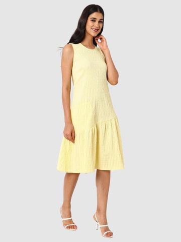 Women's Yellow Fit Textured Tiered Dress