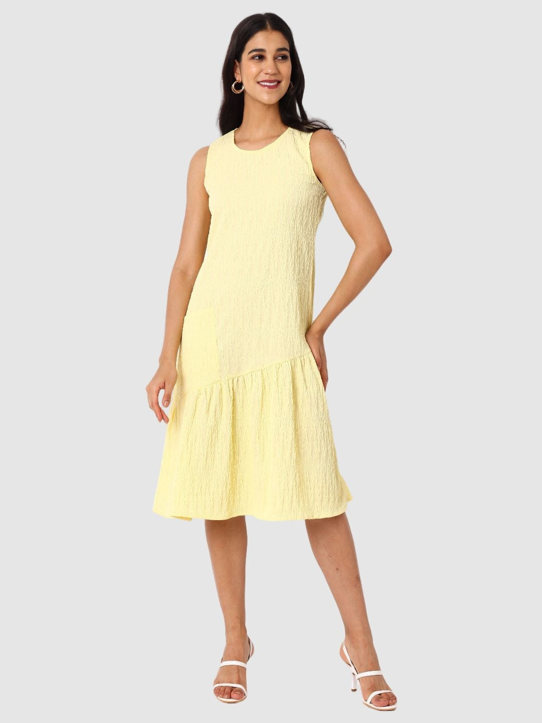 Women's Yellow Fit Textured Tiered Dress