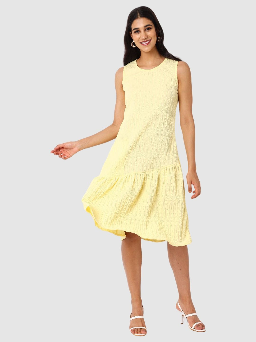 Women's Yellow Fit Textured Tiered Dress