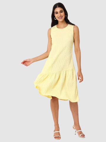 Women's Yellow Fit Textured Tiered Dress