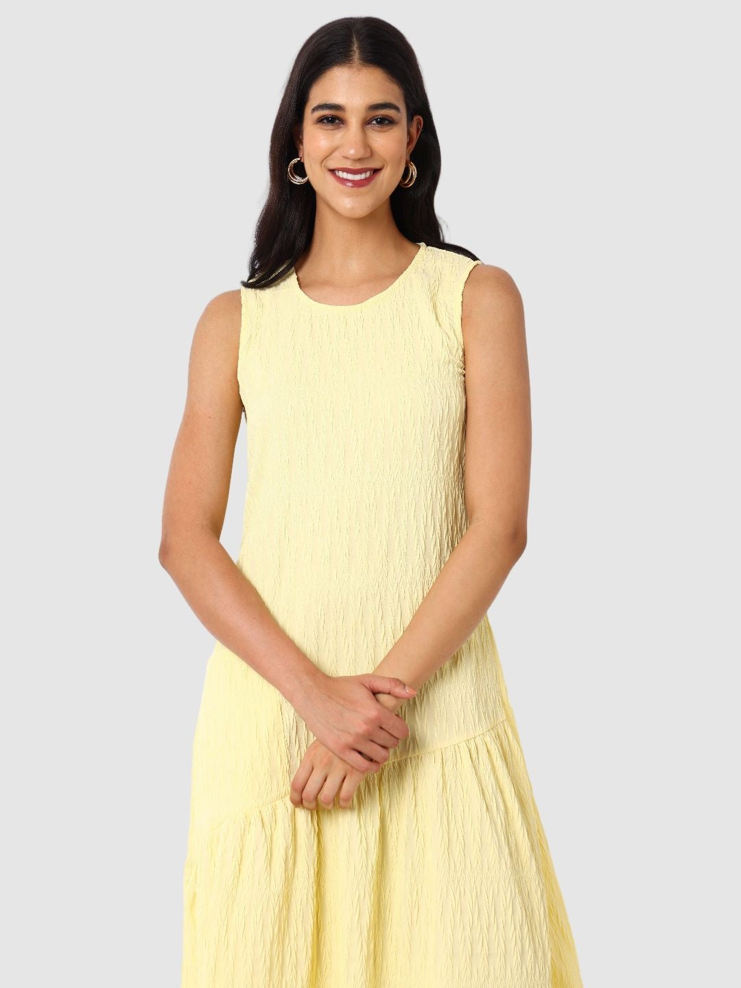 Women's Yellow Fit Textured Tiered Dress