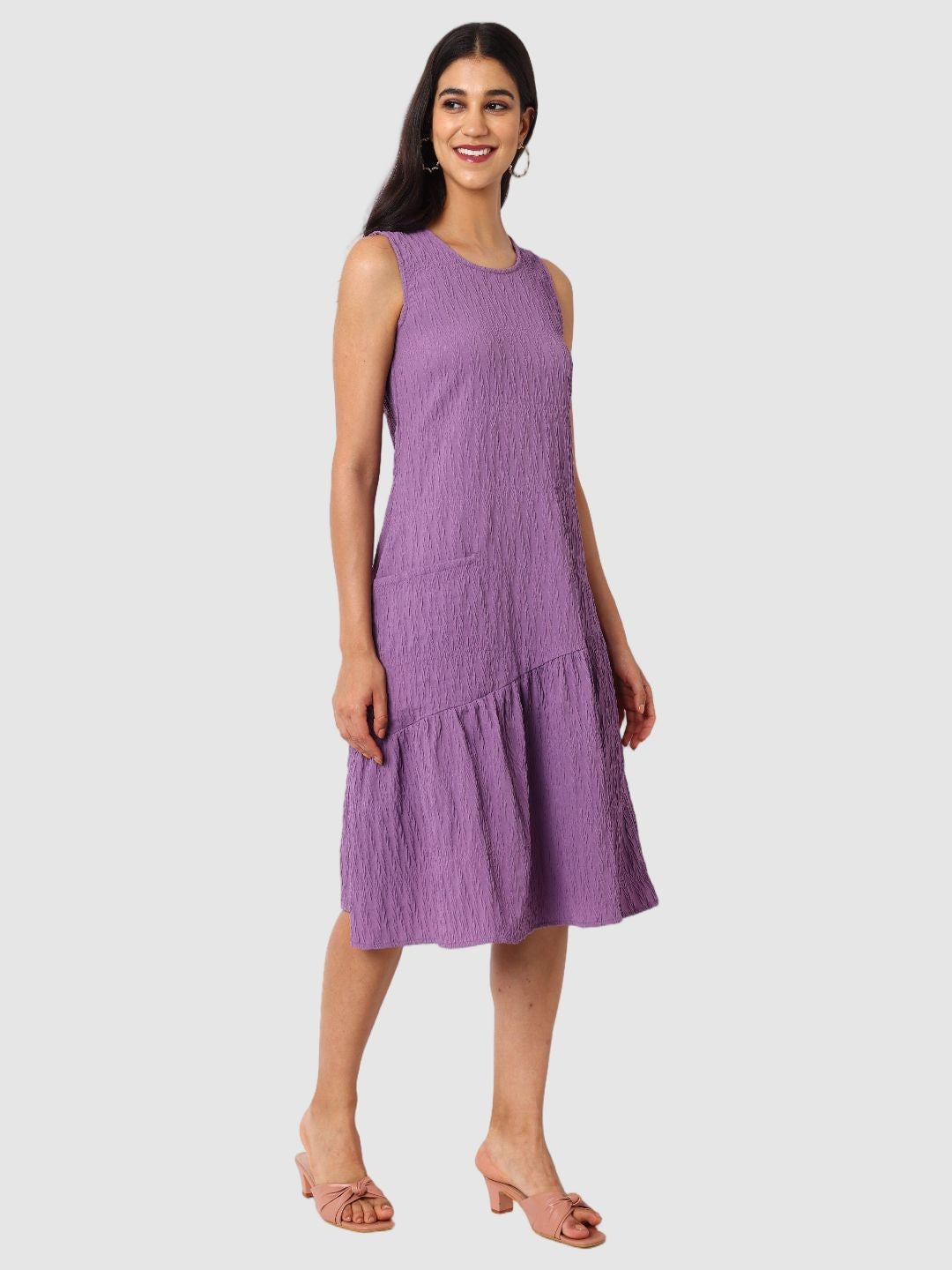 Women's Purple Fit Textured Tiered Dress