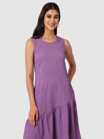 Women's Purple Fit Textured Tiered Dress