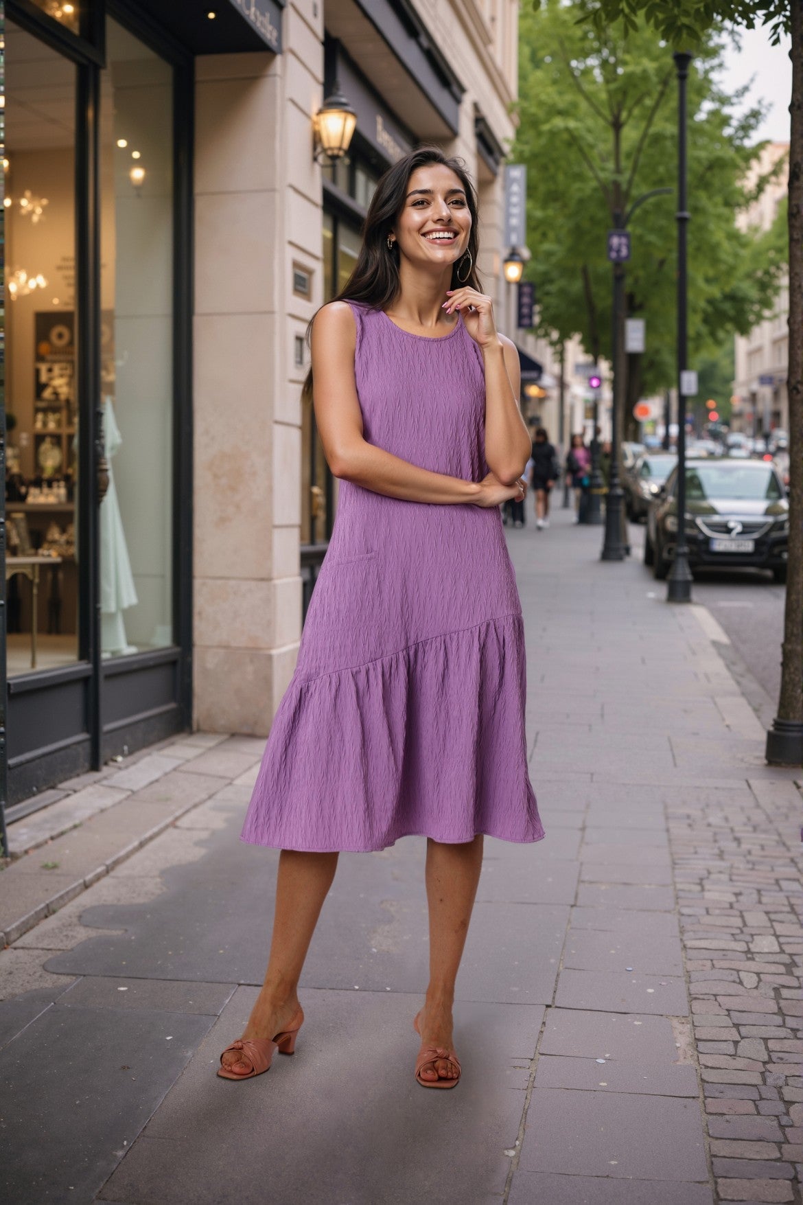 Women's Purple Fit Textured Tiered Dress