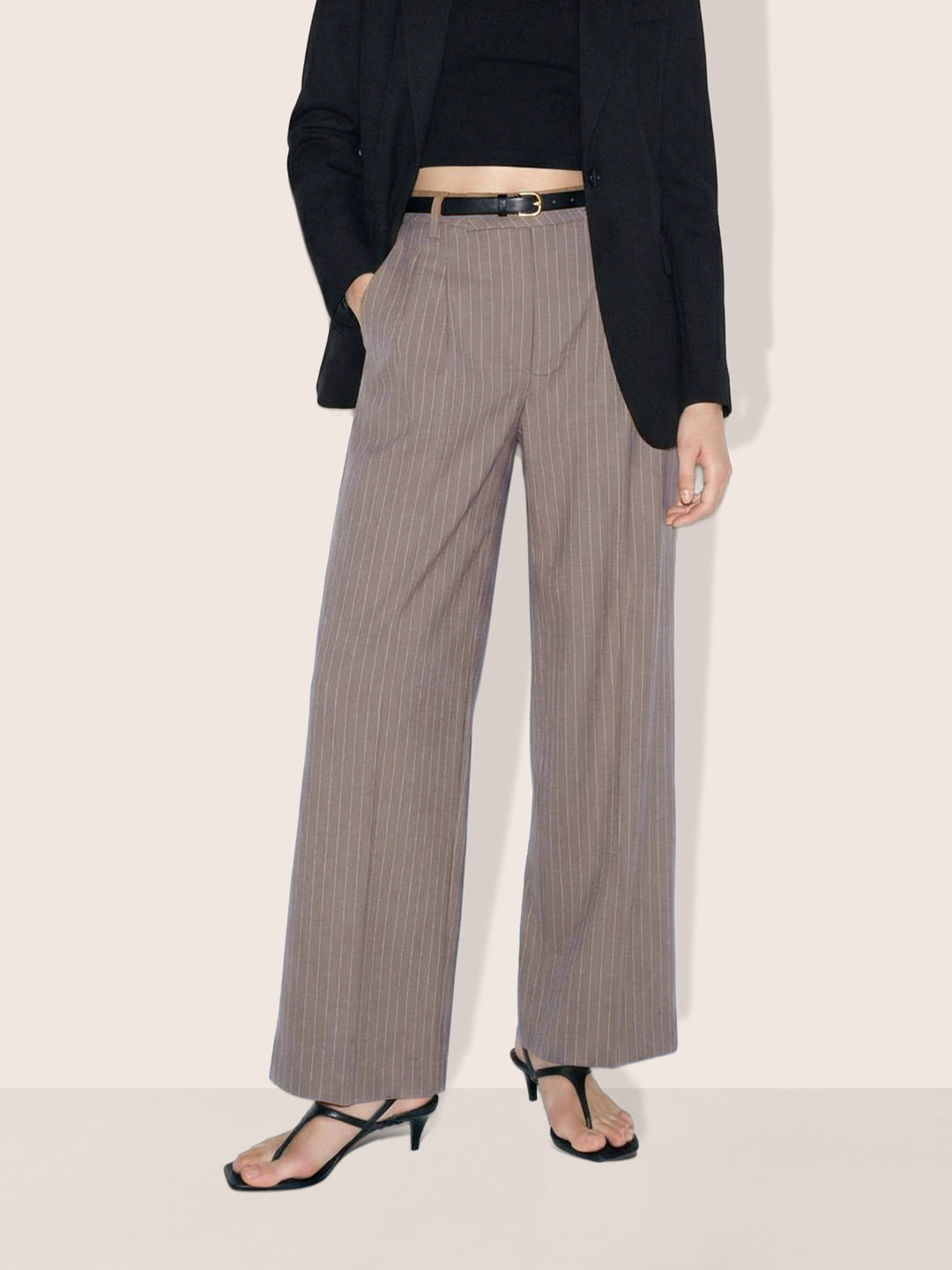 Women's Khaki Relaxed Fit Striped Formal Trousers