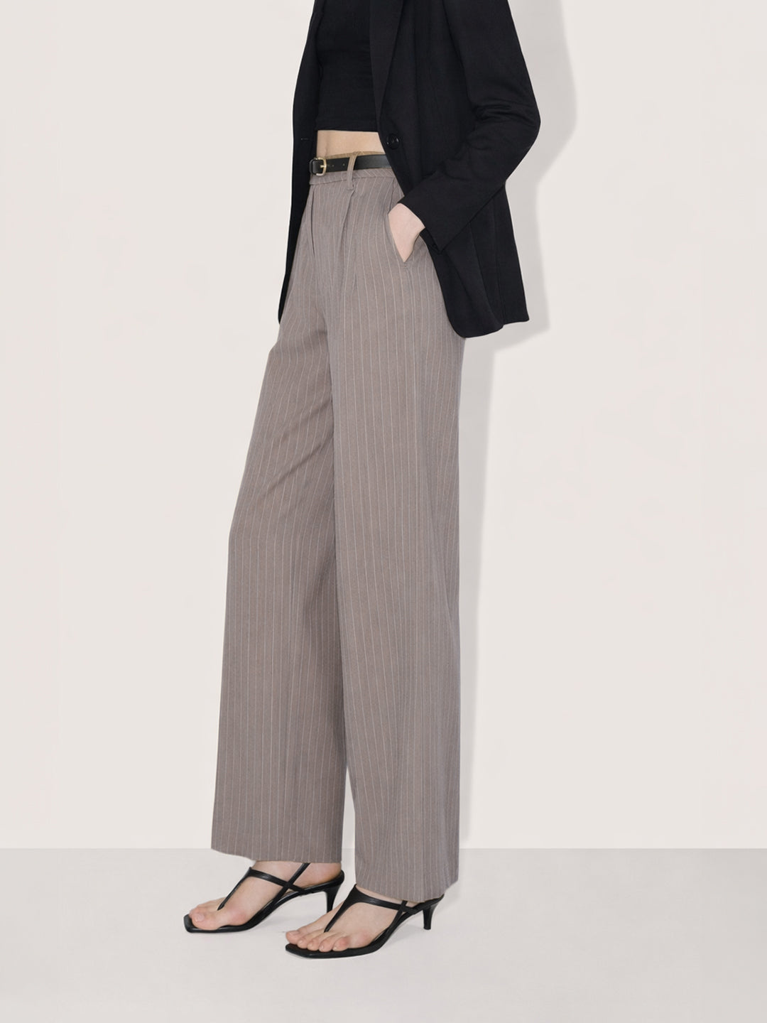 Women's Khaki Relaxed Fit Striped Formal Trousers