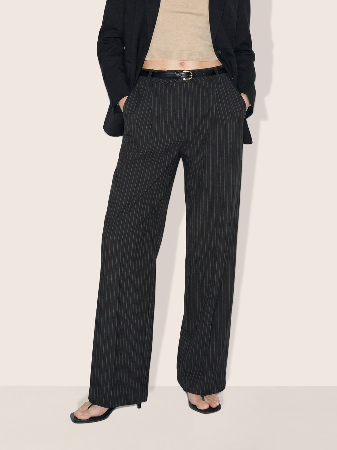 Women's Black Relaxed Fit Striped Formal Trousers
