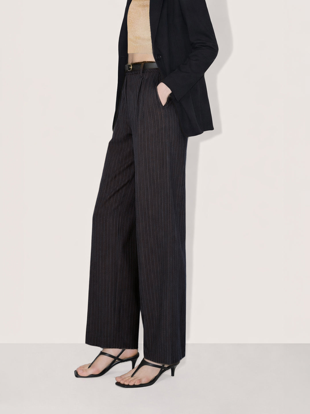 Women's Black Relaxed Fit Striped Formal Trousers