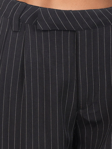 Women's Black Relaxed Fit Striped Formal Trousers