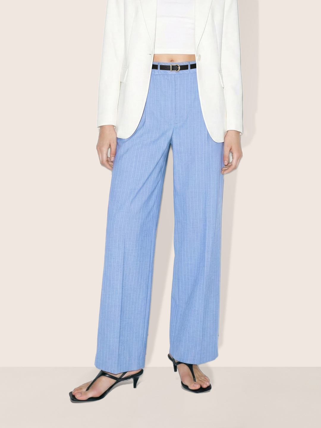 Women's Blue Relaxed Fit Striped Formal Trousers
