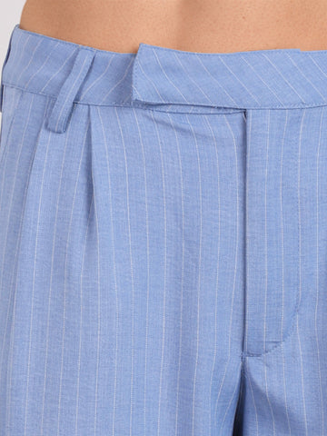 Women's Blue Relaxed Fit Striped Formal Trousers