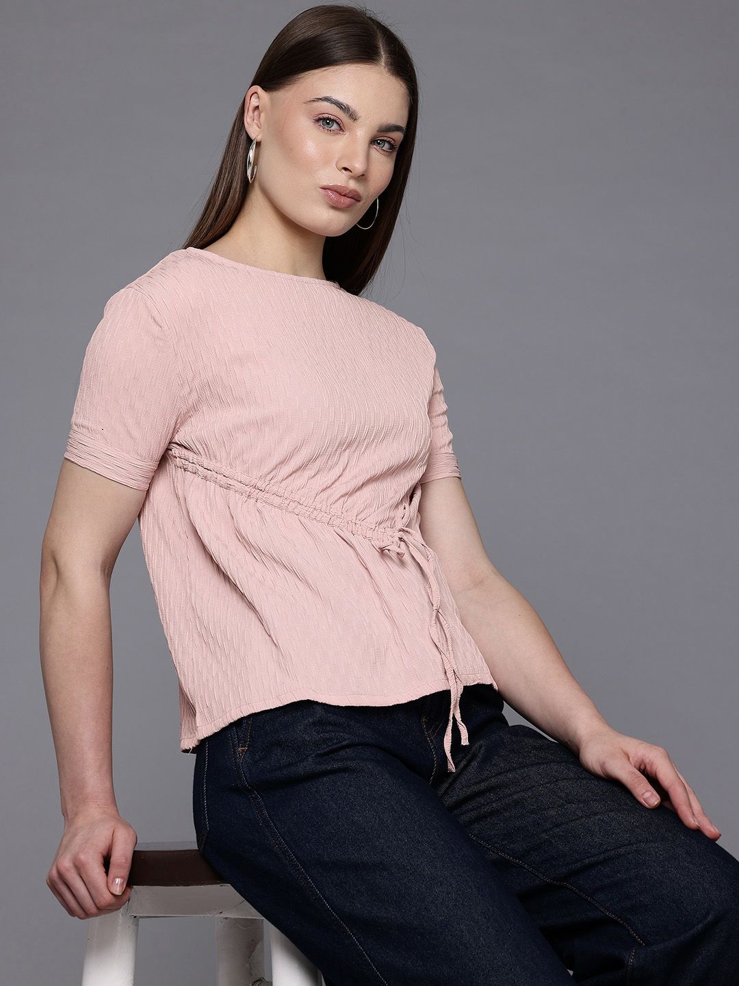 Freehand Pink Women's Relaxed Fit Textured Ruched Top