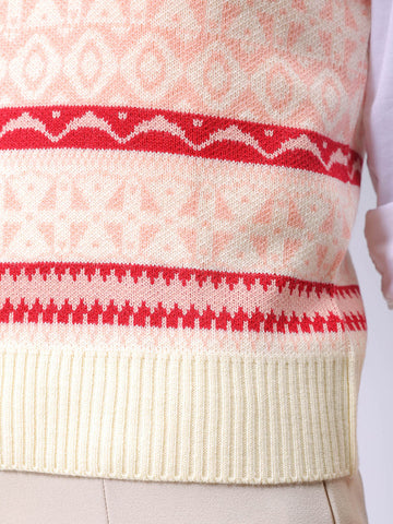 Women's Off White Fitted Geometric Print Sweater