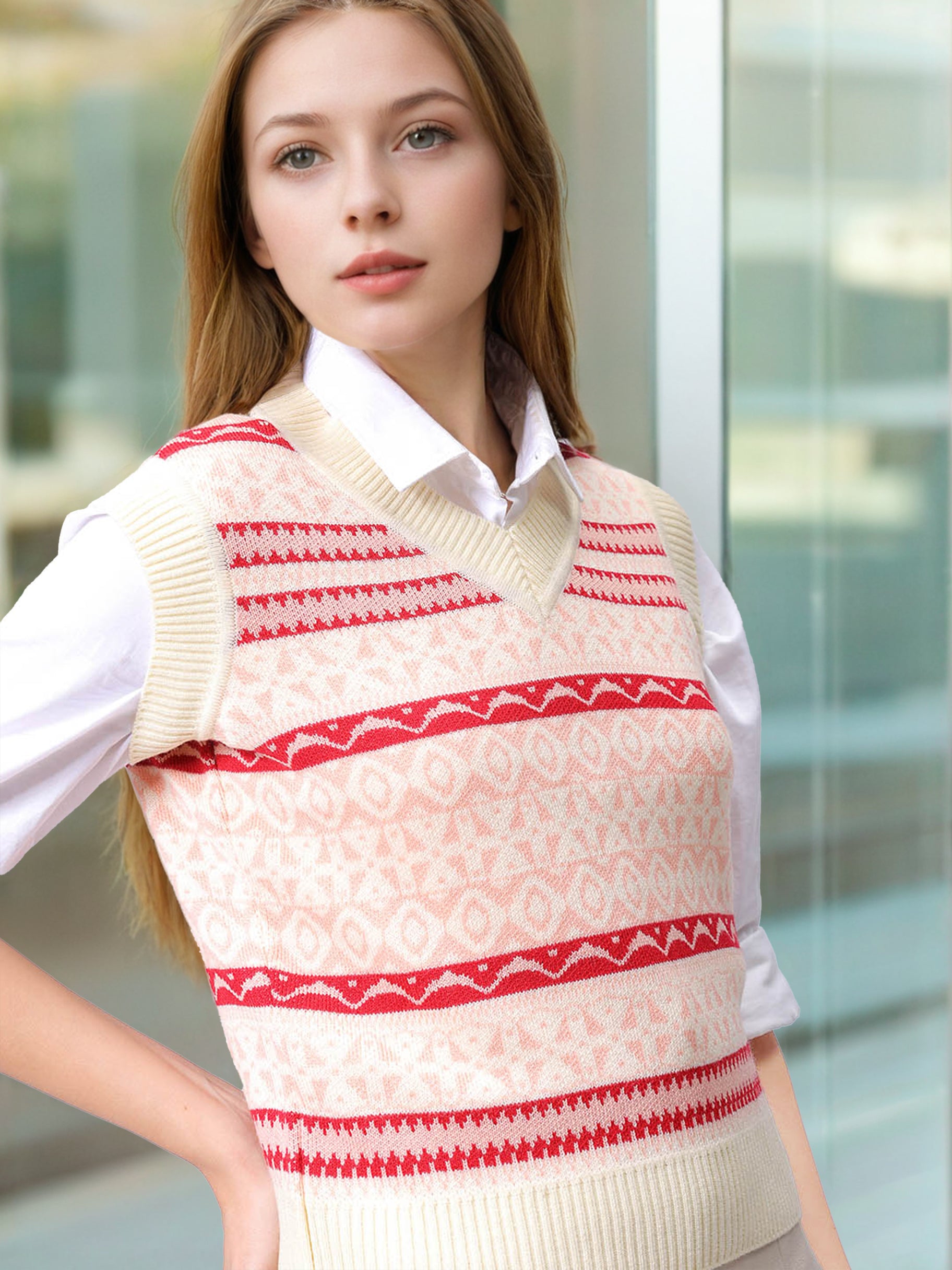Women's Off White Fitted Geometric Print Sweater