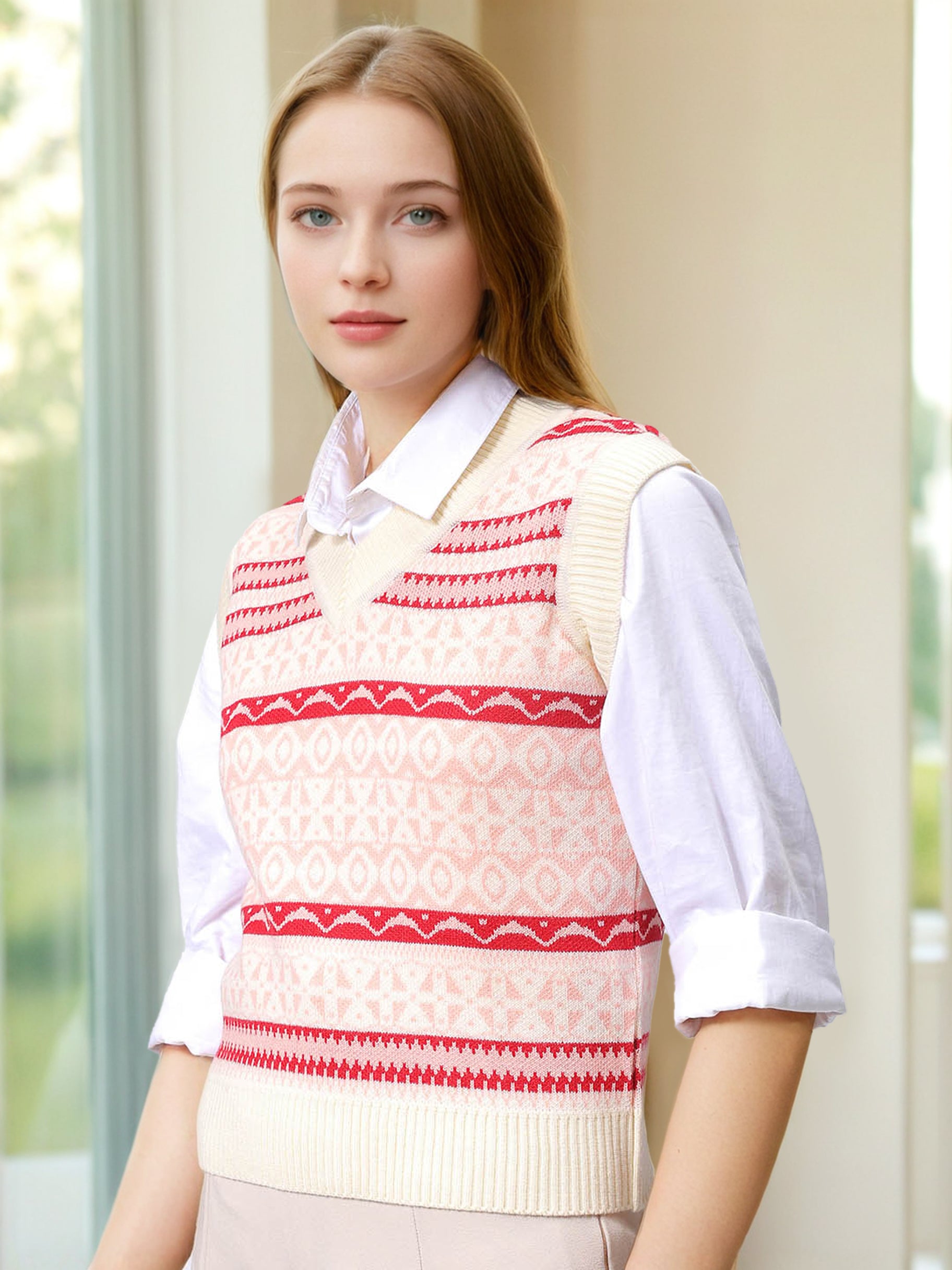 Women's Off White Fitted Geometric Print Sweater