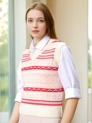 Women's Off White Fitted Geometric Print Sweater