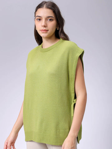 Women's Green Loose Fit Solid Sweater