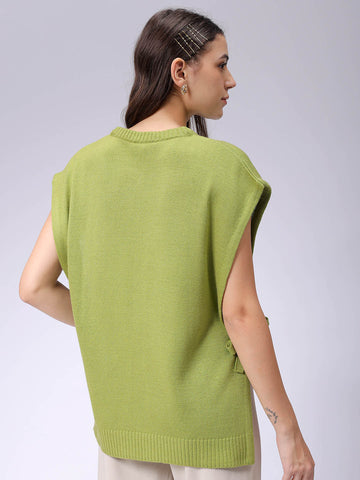 Women's Green Loose Fit Solid Sweater