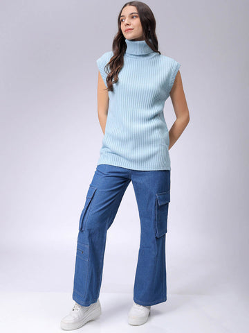 Women's Blue Loose Fit Solid Sweater
