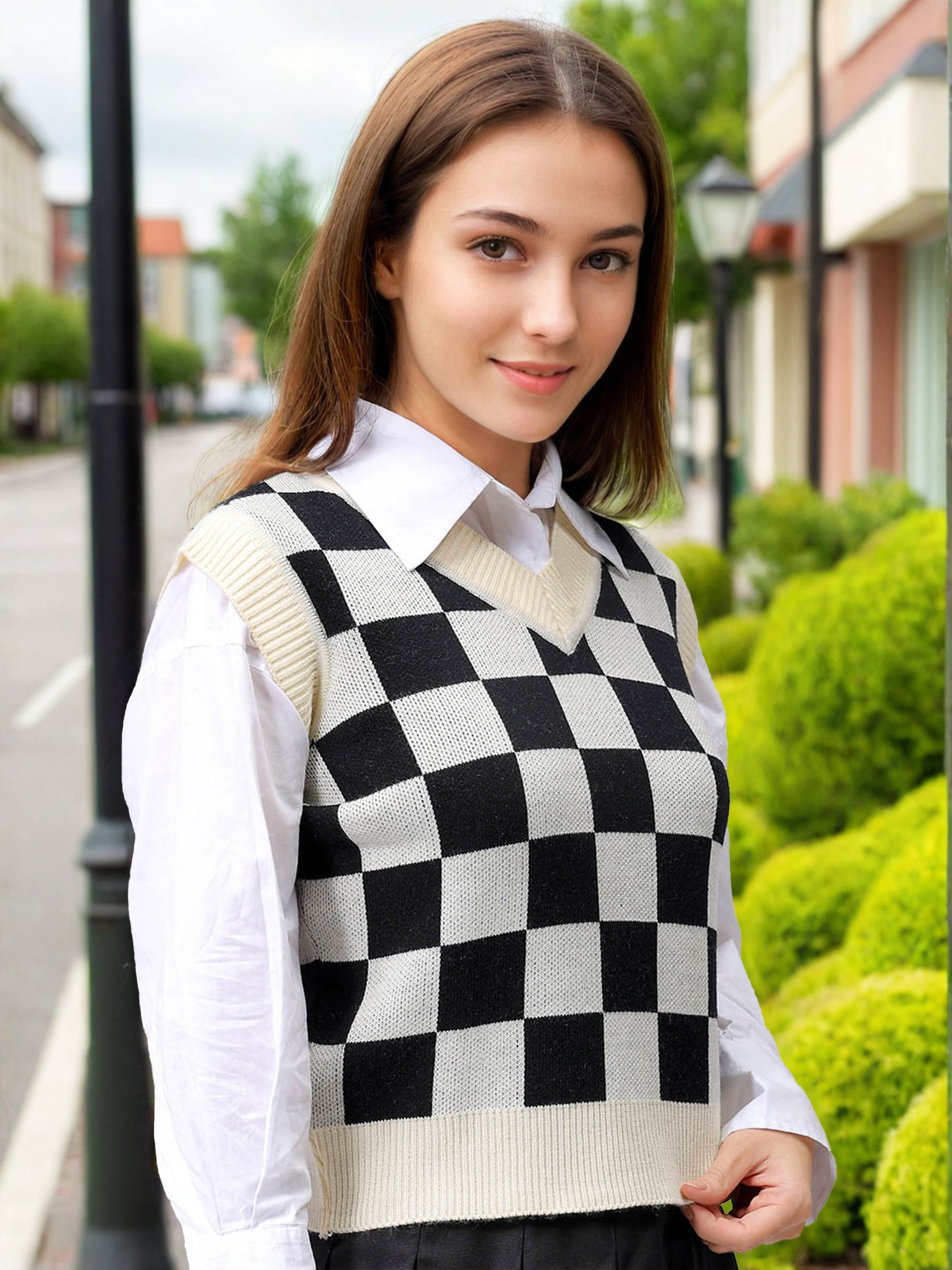 Women's Loose Fit Checked V-Neck Sweater