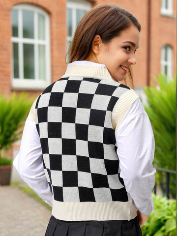 Women's Loose Fit Checked V-Neck Sweater