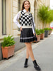 Women's Loose Fit Checked V-Neck Sweater