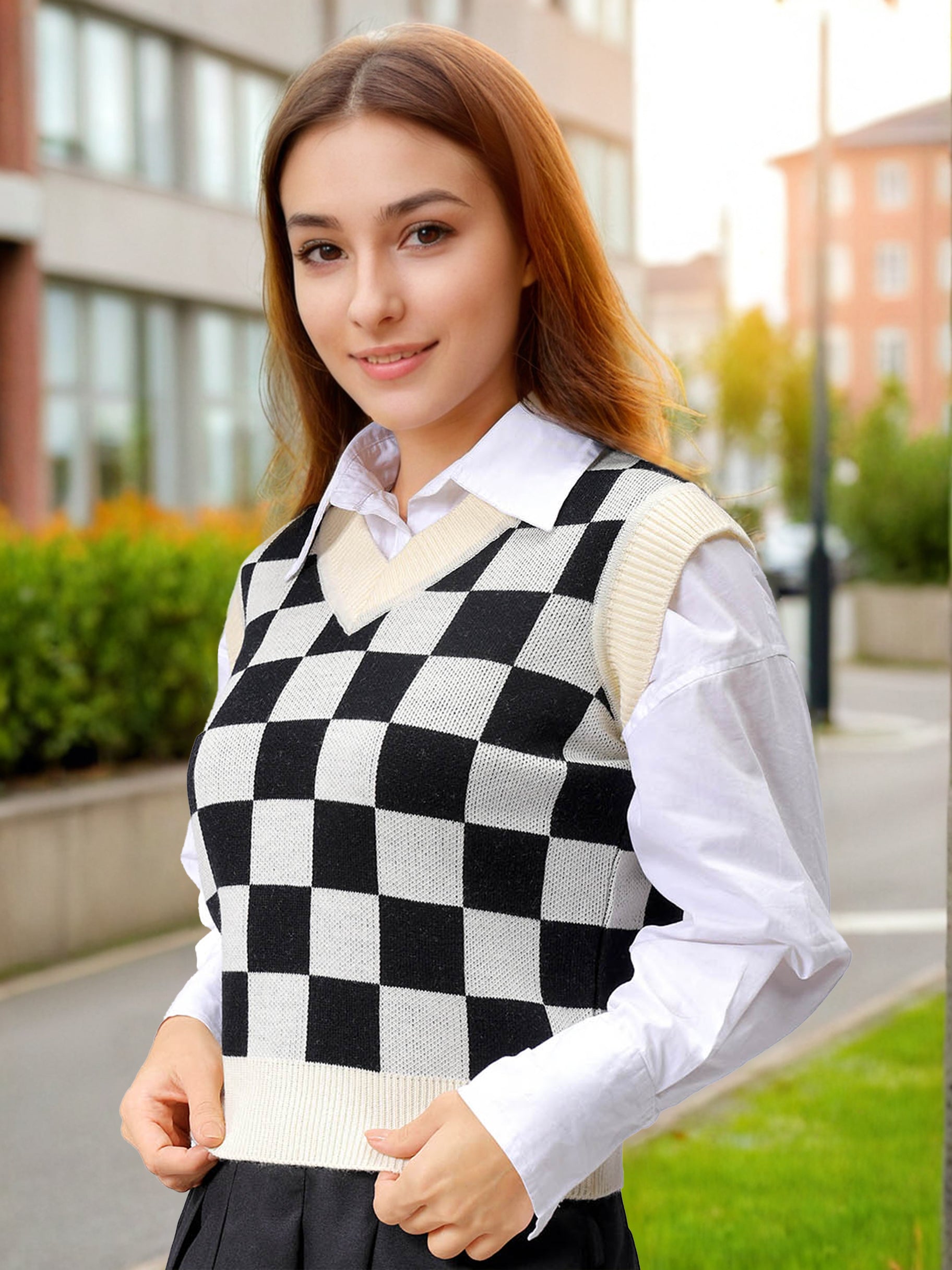 Women's Loose Fit Checked V-Neck Sweater