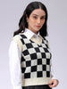 Women's Loose Fit Checked V-Neck Sweater