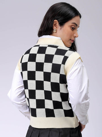 Women's Loose Fit Checked V-Neck Sweater