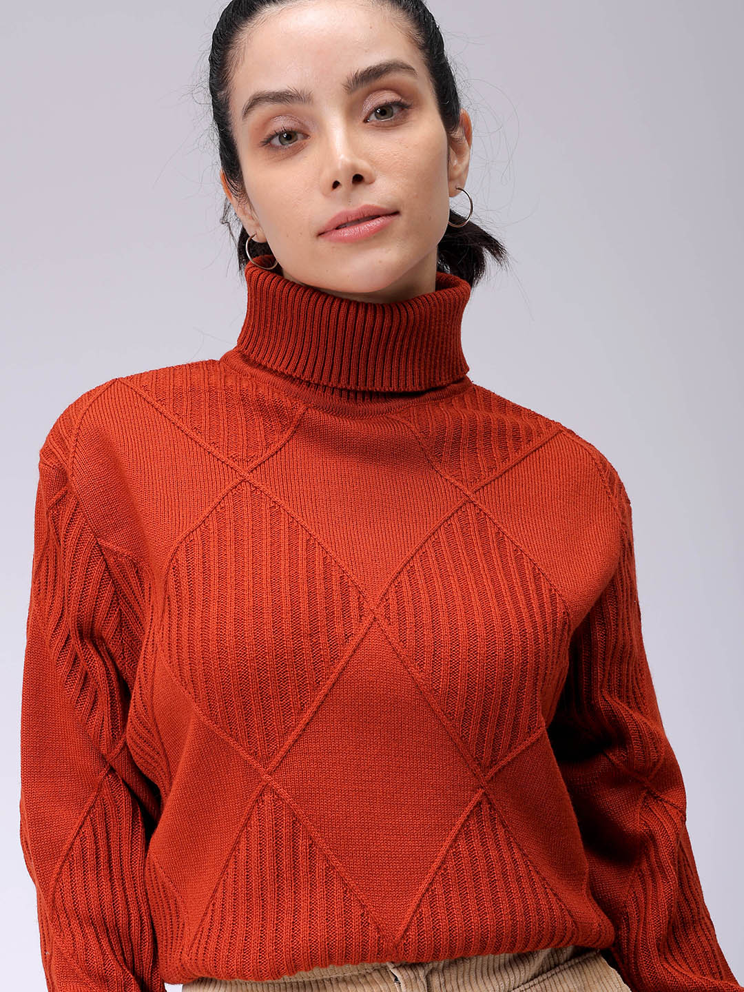 Women's Relaxed Fit Drop Shoulder High Neck Argyle Sweater